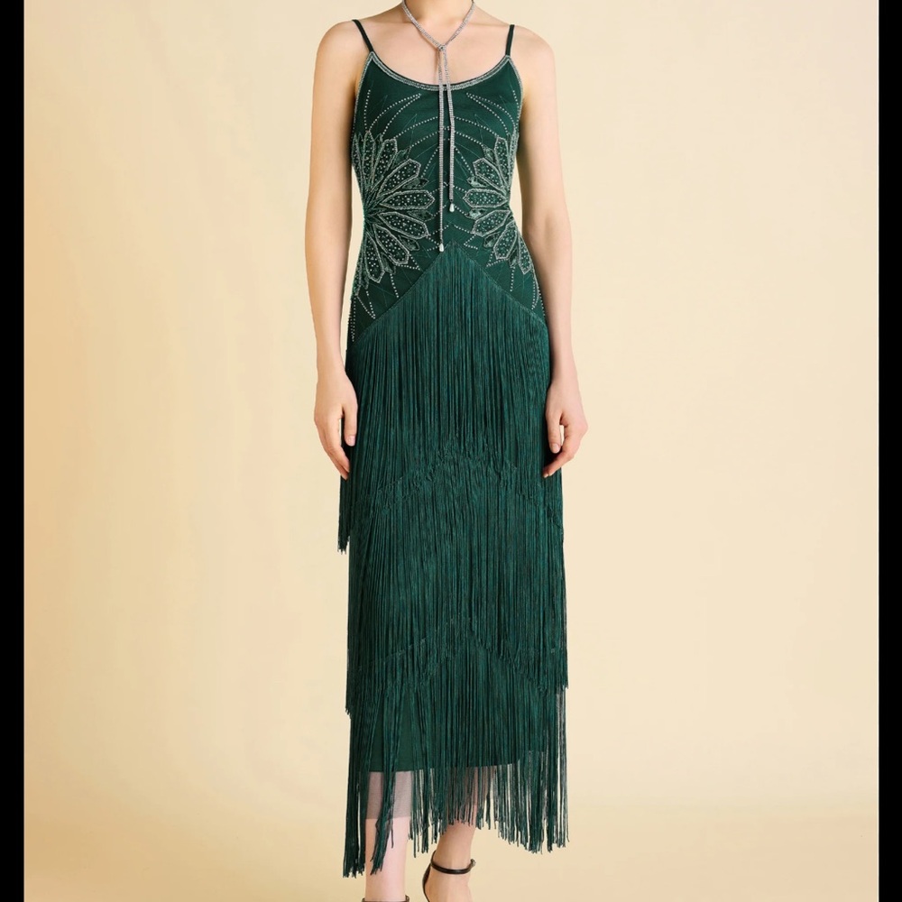 Emerald Green Fringe Slip Dress